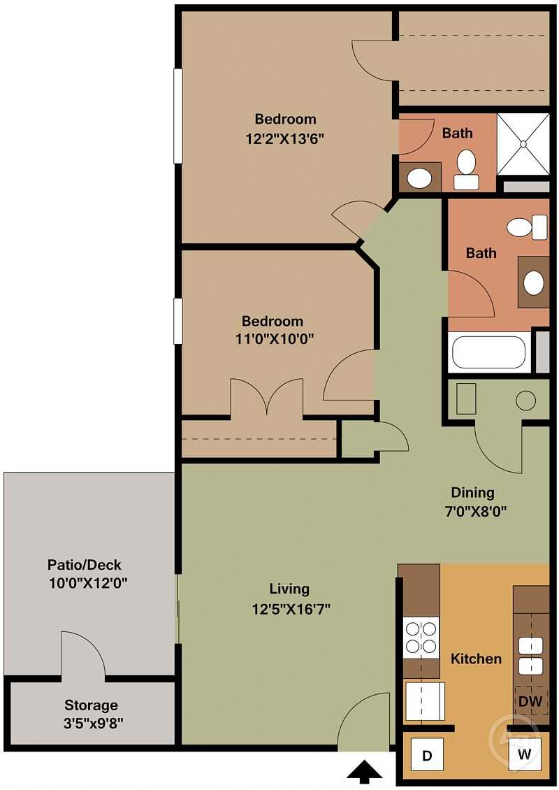 Floor plan for 2 beds, 2 baths, 986 sqft